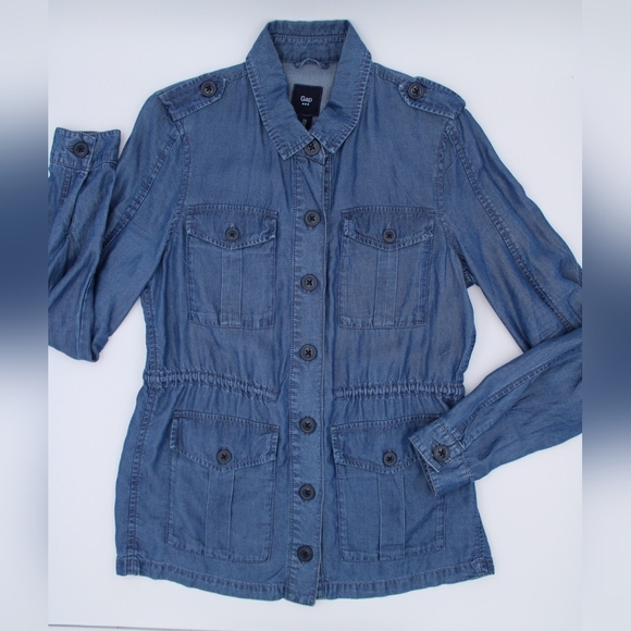 Gap Utility Denim Jacket S Light Indigo Button & Zip Patch Pockets - Picture 3 of 8